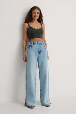 Vintage Look Wide Side Slit Jeans Outfit.