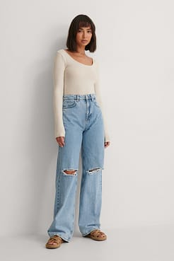 Recycled Deep Round Neck Rib Top Outfit.