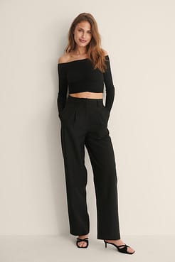Recycled Off Shoulder Rouched Top Outfit.
