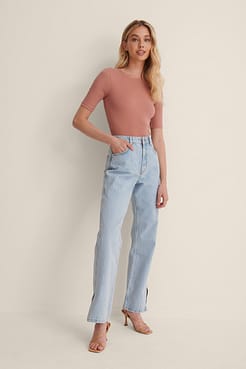 Recycled Round Neck Ribbed Top Outfit.