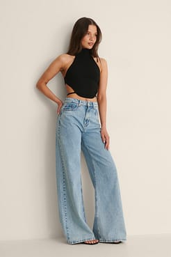 Open Back High Neck Rib Top Outfit