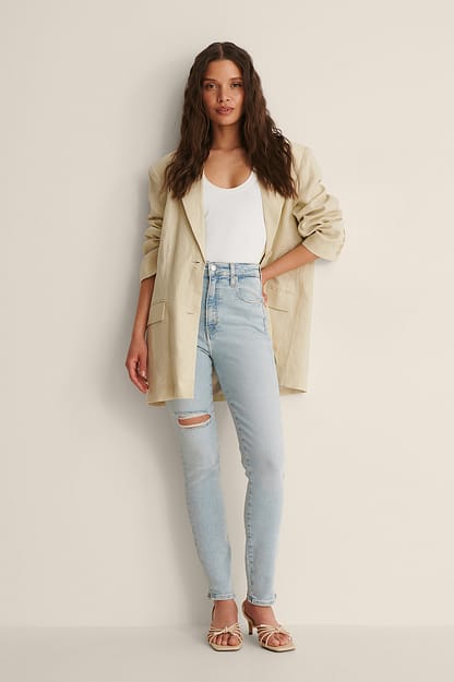 Light Blue Jean slim taille haute à ourlet brut