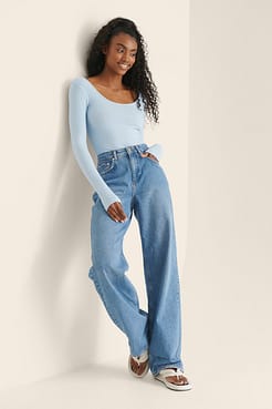 Recycled Deep Round Neck Rib Top Outfit.