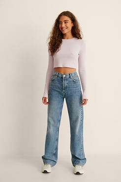 Recycled Round Neck Ribbed Long Sleeve Crop Top Outfit