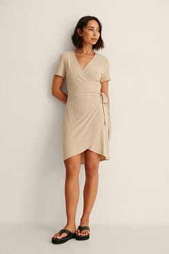 Rib Wrap Short Sleeve Dress Outfit.