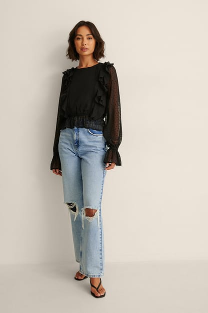 Black Blouse à volants multiples recyclée Dobby
