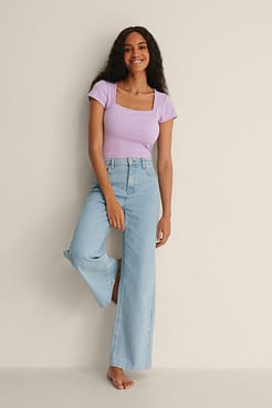 Square Neck Short Sleeve Top Outfit.