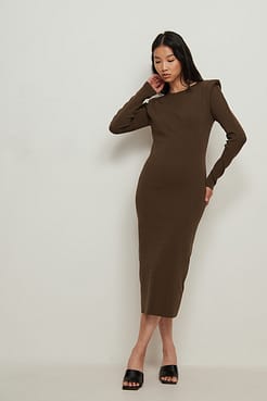 Sharp Shoulder Open back Knitted Dress Outfit.