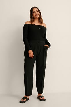 Off Shoulder Button Top Outfit.