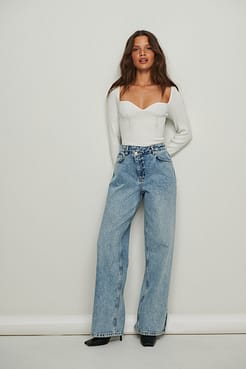 Asymmetric Waist Acid Wash Jeans Outfit.