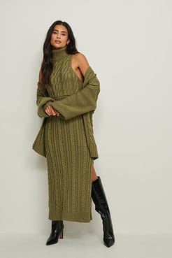 Cable Knitted Long High Neck Dress Outfit