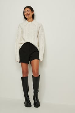 Collar Detail Cable Knitted Sweater Outfit