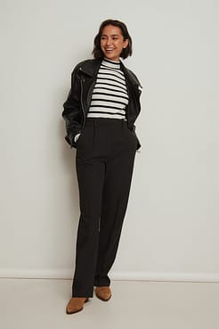 Striped Ribbed Long Sleeved Turtle Neck Sweater Outfit.