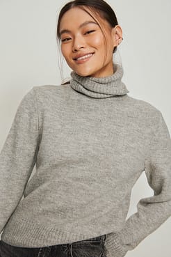 Folded Sleeve High Neck Sweater Outfit.