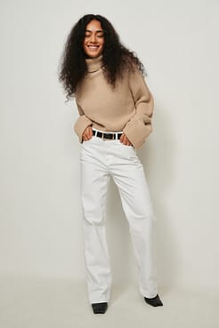 High Neck Wide Sleeve Knit Sweater Outfit.