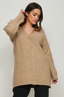 Ribbed Long V-Neck Knitted Cardigan Outfit.