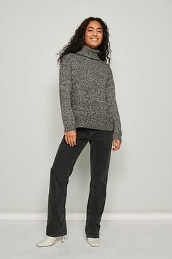 Melange High Neck Knitted Long Sleeve Sweater Outfit.