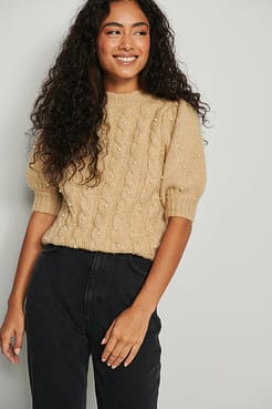 Pearl Embellished Cable Knit Puff Sleeve Sweater Outfit.