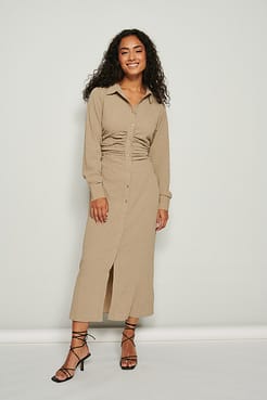 Ruched Front Midi Dress Outfit.