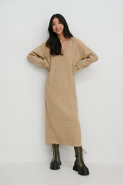 V-neck Knitted Dress Outfit.
