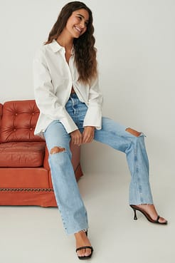 Open Knee Straight High Waist Jeans Outfit.