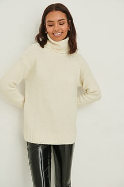 High Neck Fluffy Knitted Sweater Outfit