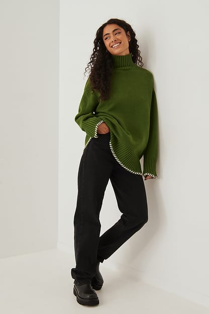 Khaki Pull en maille à manches larges et col montant