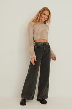 Round Neck Knitted Fluffy Cropped Sweater Outfit.