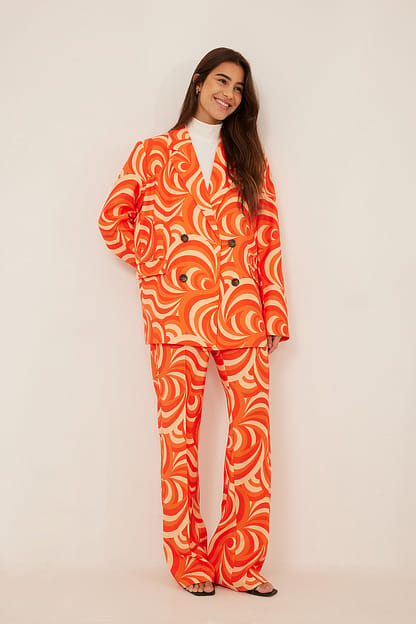 Orange Print Pantalon de costume ajusté à imprimé en matière recyclée