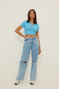 Collar Crop Rib Top Outfit.