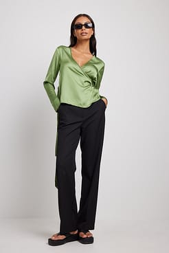 Overlap front satin blouse outfit