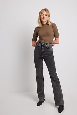 High Neck Short Sleeve Ribbed Top Outfit