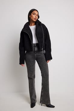 Short Teddy Zipper Jacket Outfit.