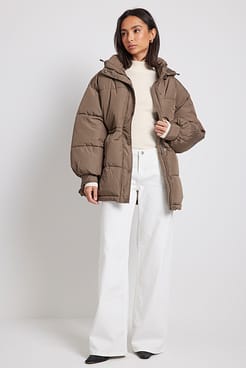 Recycled Waist Drawstring Padded Jacket Outfit.