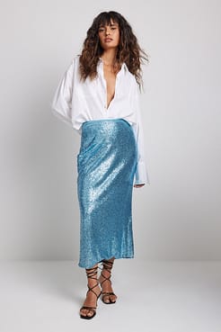 Fitted Midi Length Sequin Skirt Outfit