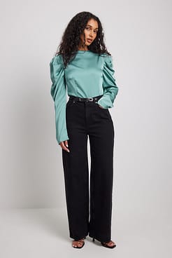 Long Sleeve High Neck Satin Blouse Outfit