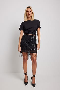 Fringe Sequin Mini Skirt Outfit