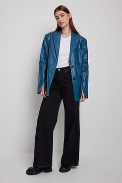 Sharp Lapel Oversized PU Blazer Outfit