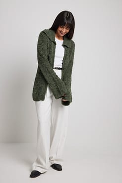 Fuzzy Knitted Collar Cardigan Outfit