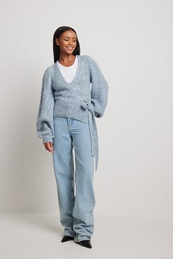 Knitted Overlap Balloon Sleeve Sweater Outfit.
