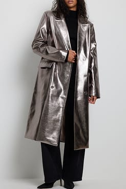 Double Button PU Coat Outfit.