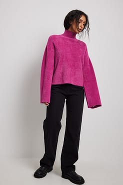 Fuzzy Knitted Round Neck Sweater Outfit
