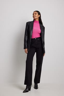 Two Color Rib Knitted Turtle Neck Top Outfit