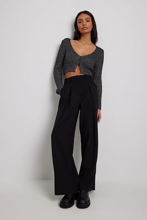 Rib Knitted Cropped Glitter Cardigan Outfit