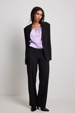 Halterneck Tie Back Satin Crop Top Outfit.