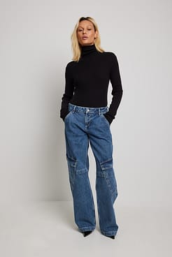 Mid Waist Asymmetric Cargo Full Length Jeans Outfit.