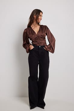Gathered Waist V-neck Satin Blouse Outfit.