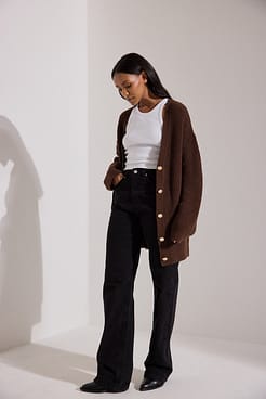 Gold Button Knitted Cardigan Outfit.
