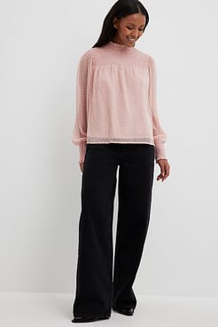 Dobby Smocked Frill Neck Blouse Outfit