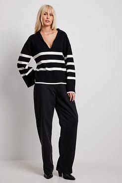 Collar Detail Striped Sweater Outfit.